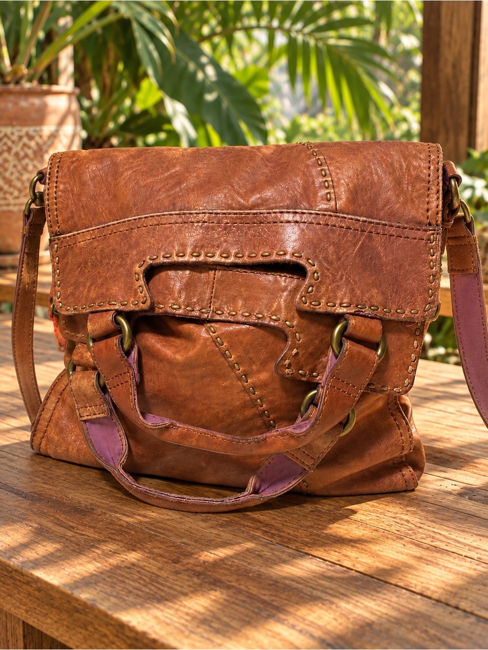 LUCKY BRAND vtg Abbey Road foldover satchel bag lambskin leather brown